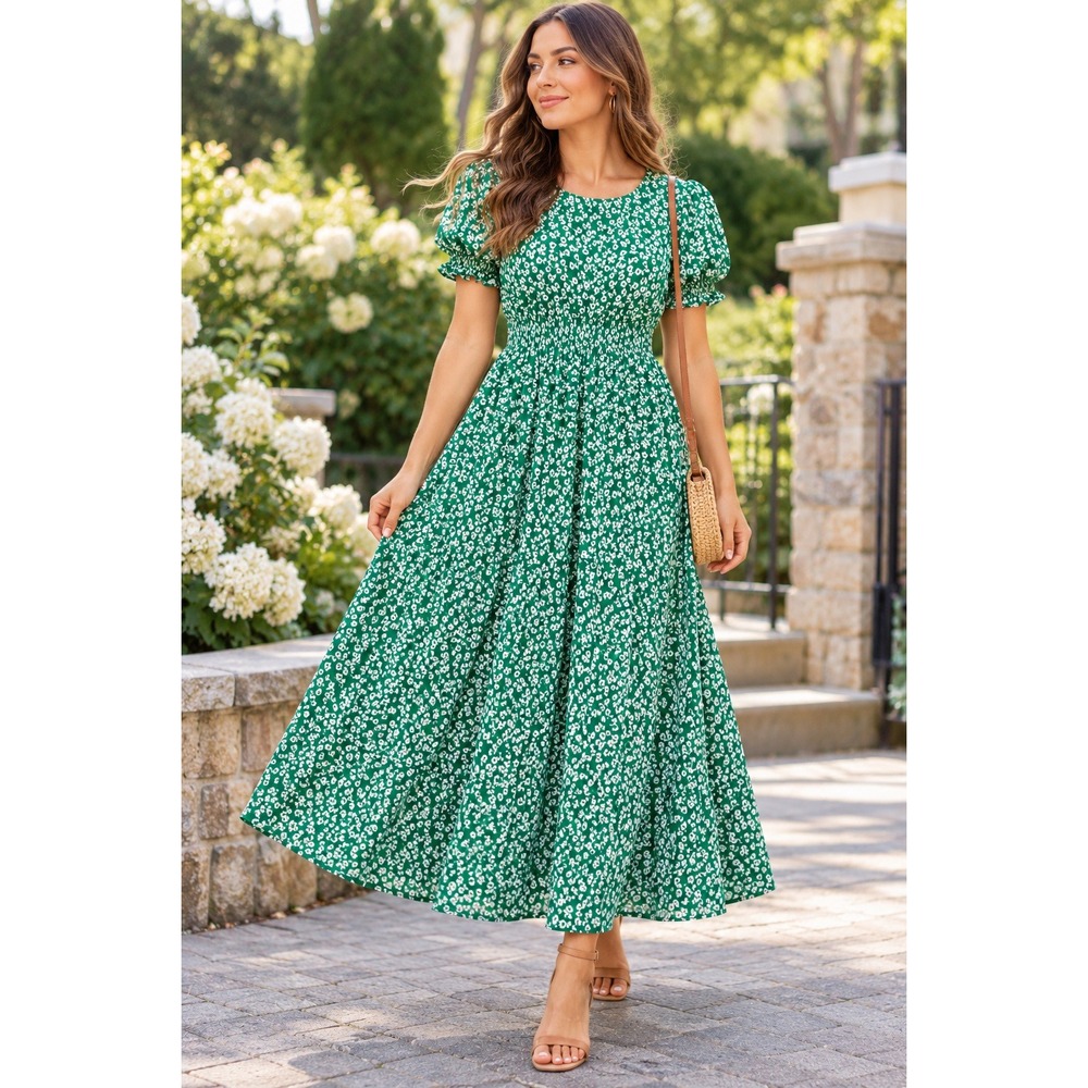 Boden Green Pink Floral Puff Sleeve Midi Dress Pockets US 12R